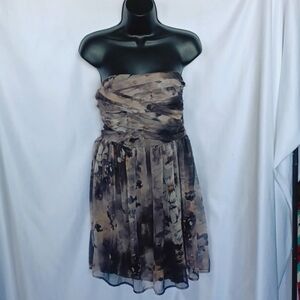 Mystic Gray, Tan and Black Floral Strapless Dress, NWT, Jr Sz L